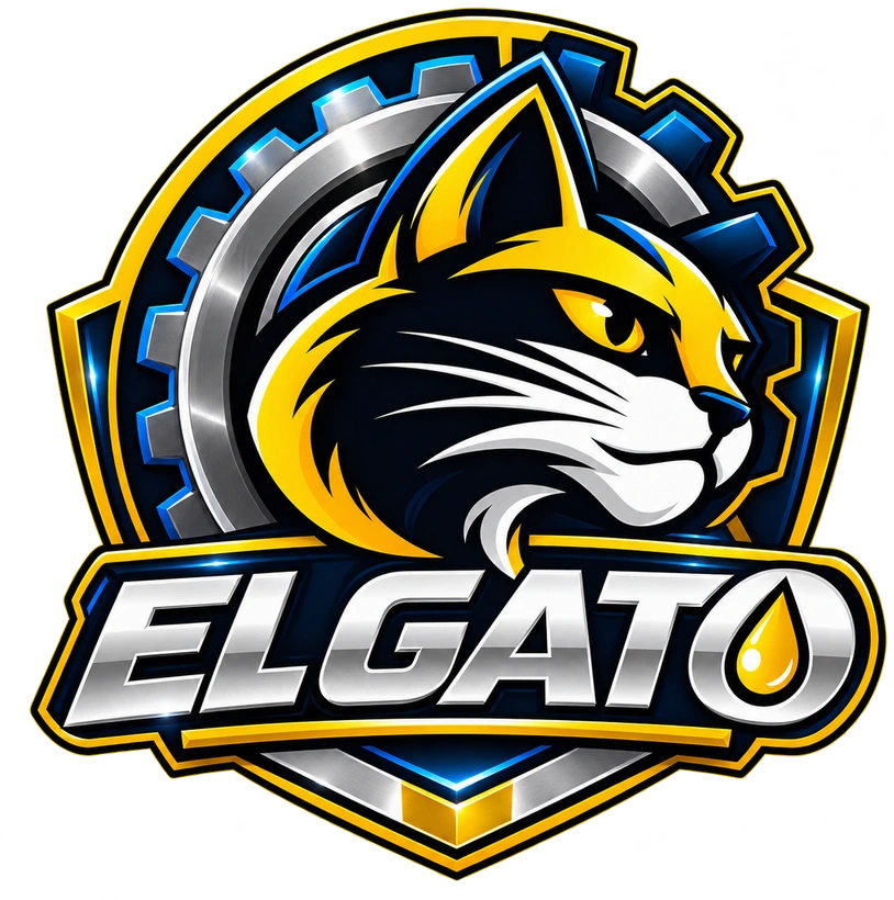 Logo de Lubricentro El Gato, gato amarillo y negro con engranaje en escudo azul